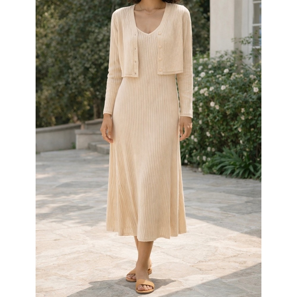 Caroline Constas Beige Ribbed‎ Knit Midi Dress and Cropped Cardigan Set NWT L